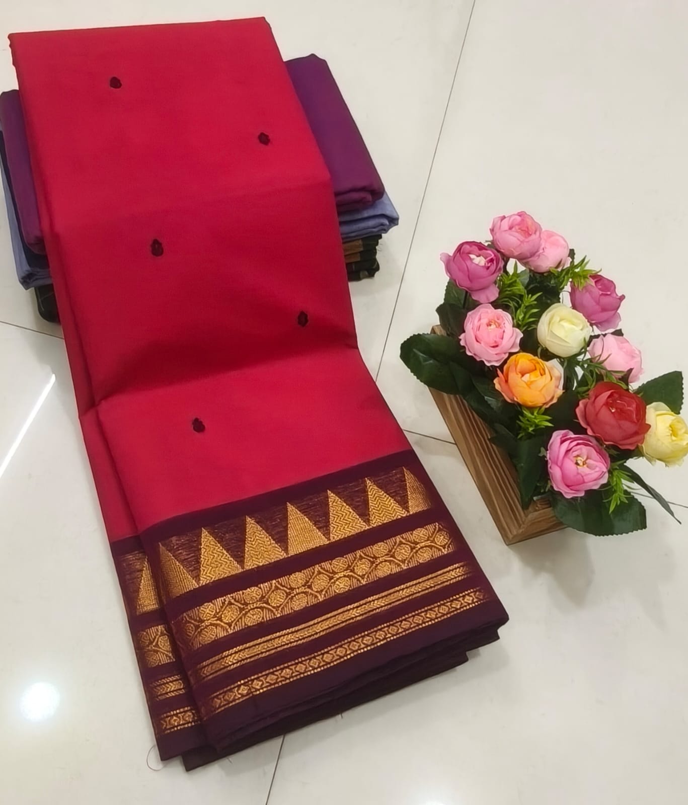 Magenta Pink Kanchi Cotton Saree with Golden Geometric Floral Border
